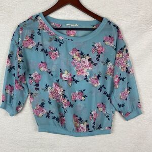 Iris Los Angeles Womens Shirt Sheer 3/4 Sleeve Pullover Blue Pink‎ Floral Size S